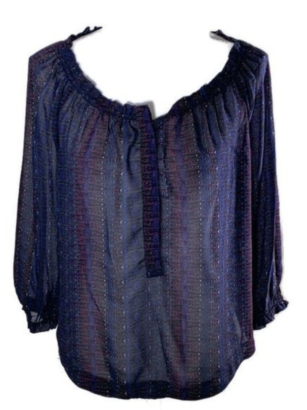 American Eagle Sheer Boho Blouse Small Navy Blue Peasant Puff Sleeve Top